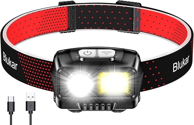 Blukar LED Headlamp Rechargeable,2000L High Lumen Super Bright Dimmable Headlight Flashlight with Motion Sensor- 8 Modes,Spotlight&Floodlight,IPX5 Waterproof for Camping,Hiking,Running,Fishing