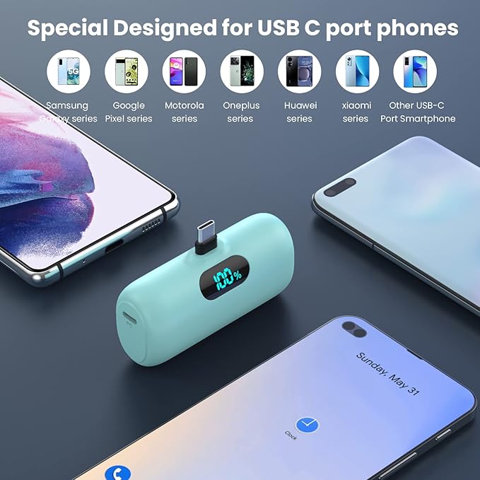 [2-Pack] Mini Portable Charger 5000mAh Power Bank,3A PD USB C Cell Phone Portable Power, LCD Display Battery Pack Compatible with iPhone 17/17 Air/16/16 pro/15/15 pro Max/Android/Samsung/Moto/LG etc