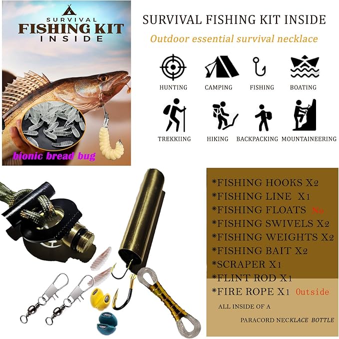 BSGB Fire Starter Paracord Necklace EDC Military Survival Gear Tinder Cord Fire Steel and Striker Kit Magnesium Ferro Rod Tool Fishing Tools for Emergency Outdoor Hiking Camping Hunting