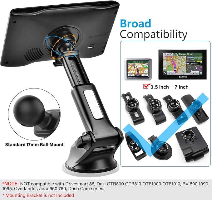 1Zero GPS Suction Cup Mount for Garmin [Quick Extension Arm], Replacement GPS Dash Ball Mount Dashboard Windshield Car Holder for Garmin Nuvi Dezl Drive Drivesmart Driveassist DriveLuxe RV (2-Pack)