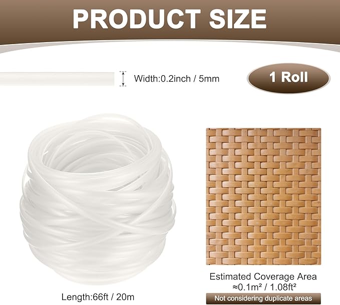 M METERXITY 1-Pack Wicker Repair Kit, 5mm x 66ft/20m Plastic Flat Rattan Replacement Supplies for Patio Furniture Repair/Basket Making/Chair Weaving, Synthetic Woven Rattan [White]