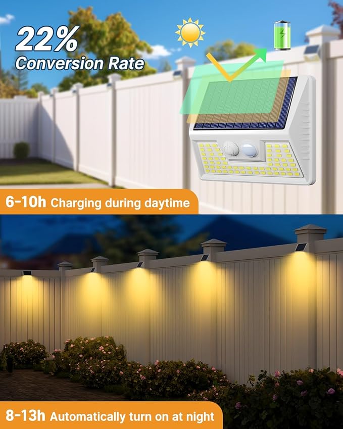 vighep 2Pack White Solar Lights Outdoor Motion Sensor, 3000K Warm Light/3 Lighting Modes, IP65 Waterproof Solar Powered Wall Lights Outside for Garden Fence Backyard Deck Driveway