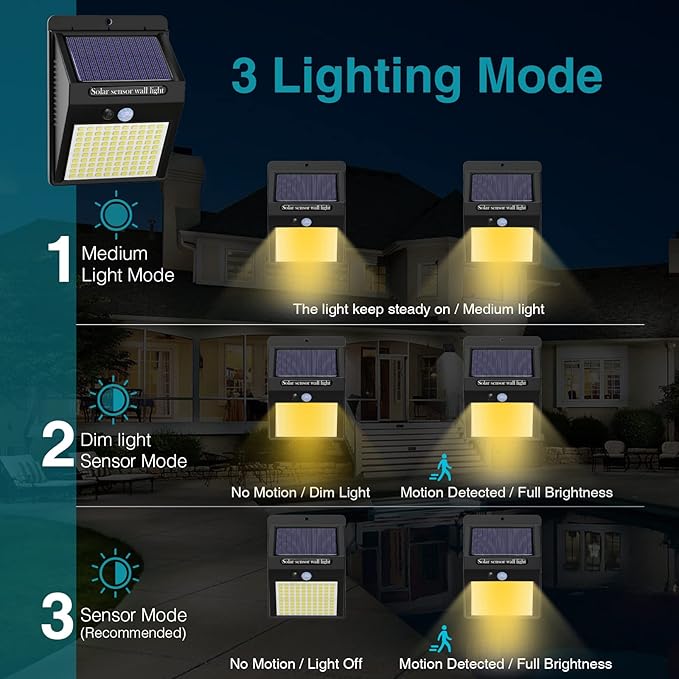 10 Pack Solar Motion Lights - 3 Modes/100LED Outdoor Security Lights - Wireless, IP65 Waterproof - Warm White for Front Door, Backyard, Garage, Deck