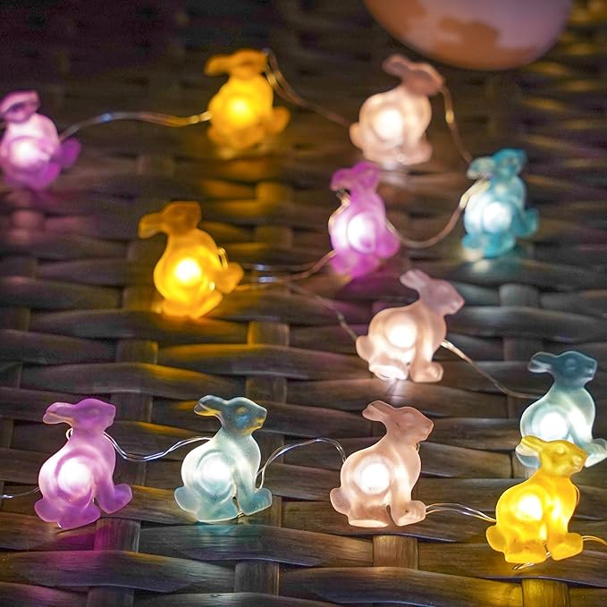 EXF Easter Decorations Bunny Pastel Fairy Lights, Battery Operated with Remote & 8 Modes & Timer, Waterproof Easter String Lights for Indoor Spring Themed Party Decor (Multi Color)
