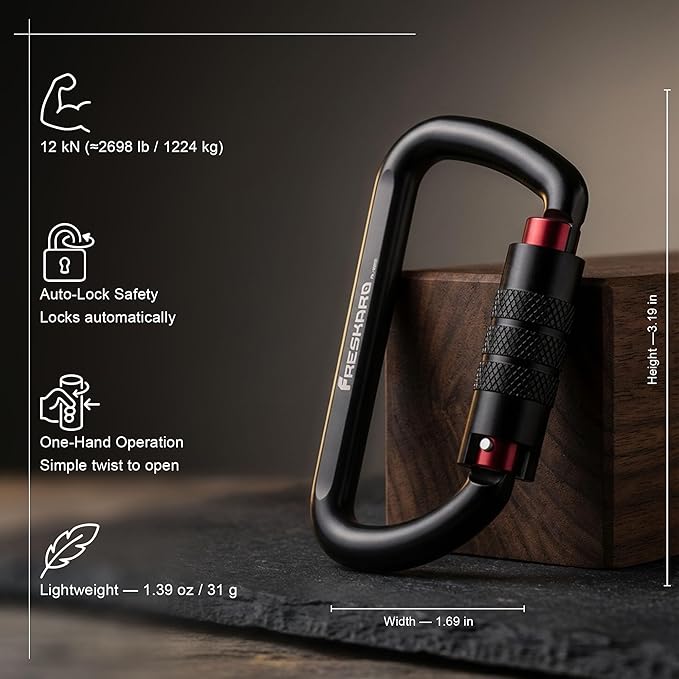 FresKaro 3inch 12kN-2698lbs Auto Locking Carabiner Clips, Solid D Shape, Heavy Duty 7075 Aluminum, Lightweight 1.09oz, Rust Proof, for Hammock, Hiking, Dog Leash, Keychain etc., Multi-Colors