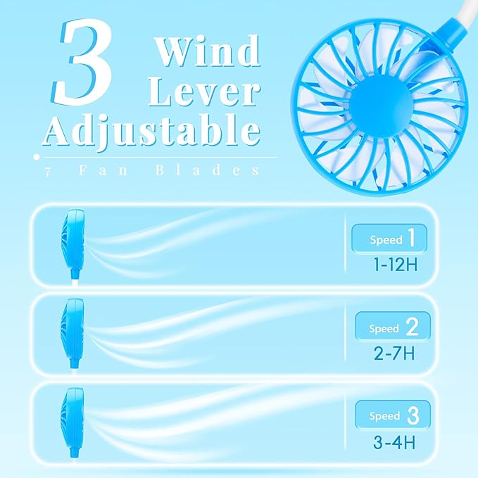 Portable Neck Fan Rechargeable Personal Hand-Free Fan Mini USB Wearable Neckband Sport Fan, 3 Speed Adjustable, 360 Degrees Free Rotation Perfect for Working, Traveling, Office, Reading (Blue)