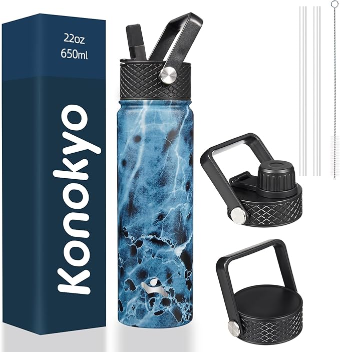 Konokyo 22oz Stainless Steel Bottles with 3 Lids Sport Insulated Water Bottle,Marble Ocean