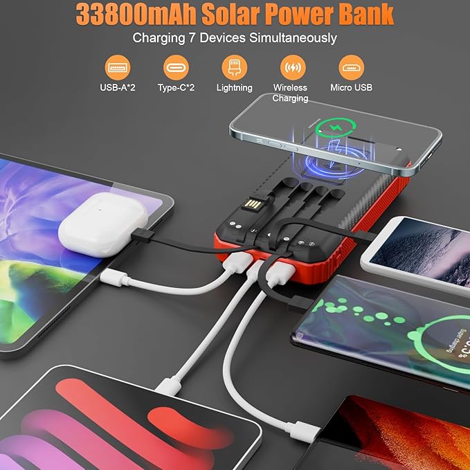 Solar Power Bank 33800mAh with Super Bright LED Flashlight, Built-in 4 Cables & Wireless Charging, Portable Charger with Compass, 7 Outputs & 4 Inputs for Camping/Hiking(Red)