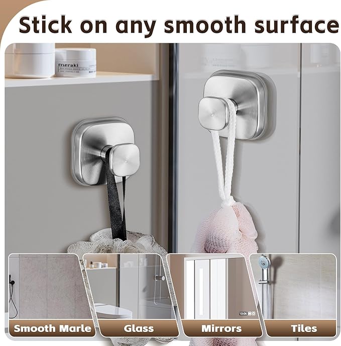 Suction Cup Hooks for Shower Heavy Duty No-Drill– Reusable Multi-Purpose Hooks Adheres to Glass, Mirrors, Tiles & Smooth Surfaces for Towels, Robes, Loofah& Body Sponge (4, Brushed Nickel)