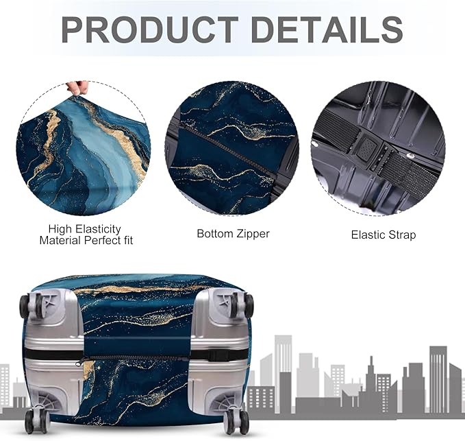 ANNA QUEEN Blue Marble Luggage Cover, Modern Gold Vein Abstract Design Suitcase Protector, Washable Stretchable Travel Sleeve for 28-30 Inch Luggage