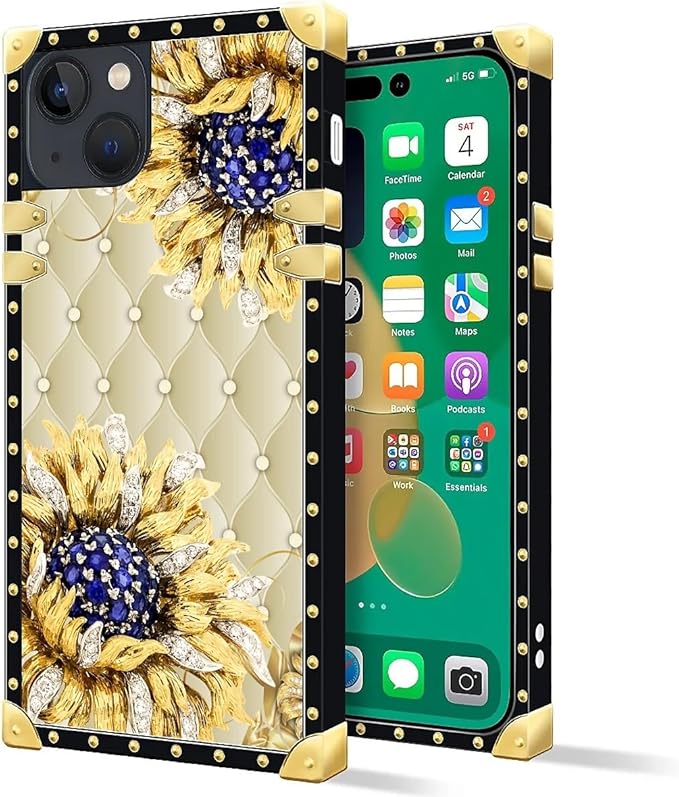 Compatible with iPhone 14 Case, Sunflower Diamonds Leather Luxury Golden Decoration for Girl Women Soft TPU Shockproof Protective Hard PC Back for iPhone 14