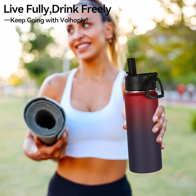 Volhoply 18oz Insulated Water Bottle Bulk 4 Pack,Kids Stainless Steel Water Bottles with Straw Lid,Wide Mouth Reusable Metal Cups,Double Wall Vacuum Sports Flask Keep Hot and Cold(Red Purple,4 Set)