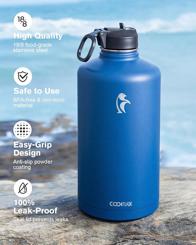 Coolflask 128 oz Gallon Water Bottle Insulated with Straw&3 Lids, Water Jug Large Stainless Steel Metal Vacuum Wide Mouth for Sports, Gym or Office, Non-BPA Keep Cold 48H Hot 24H, King's Blue