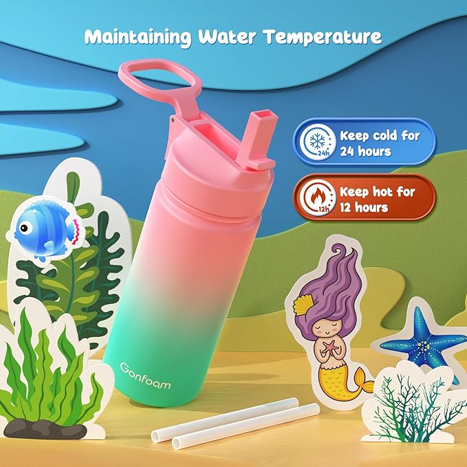 Kids Water Bottle, 16oz Kids Water Bottle with Stickers for School, insulated Stainless Steel Straw Cup(Pink/Green)