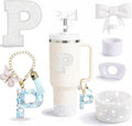 6PCS White Stanley Cup Accessories Set Fit for Stanley Cup 30oz 40oz. Including Handle Charm, Personalized Initial Sticker, Straw Topper, Sparkly Silicone Boot, Spill Proof Stopper (Letter-P)