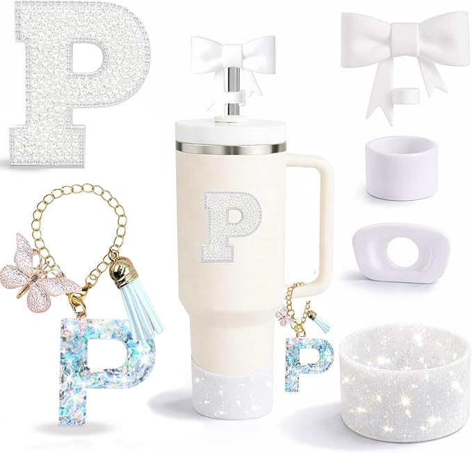 6PCS White Stanley Cup Accessories Set Fit for Stanley Cup 30oz 40oz. Including Handle Charm, Personalized Initial Sticker, Straw Topper, Sparkly Silicone Boot, Spill Proof Stopper (Letter-P)