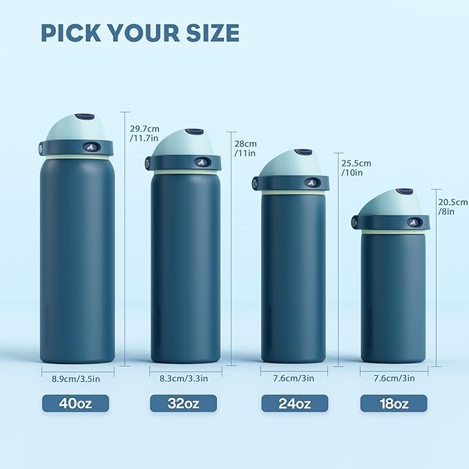 POWCAN 18 oz Insulated Stainless Steel Water Bottle: 2-in-1 Push-Button Spout & Quick-Flip Straw, Leakproof, Cold 24 Hrs, Fits Car Cup Holder, Reusable Metal Bottle for Sports(Denim Blue)