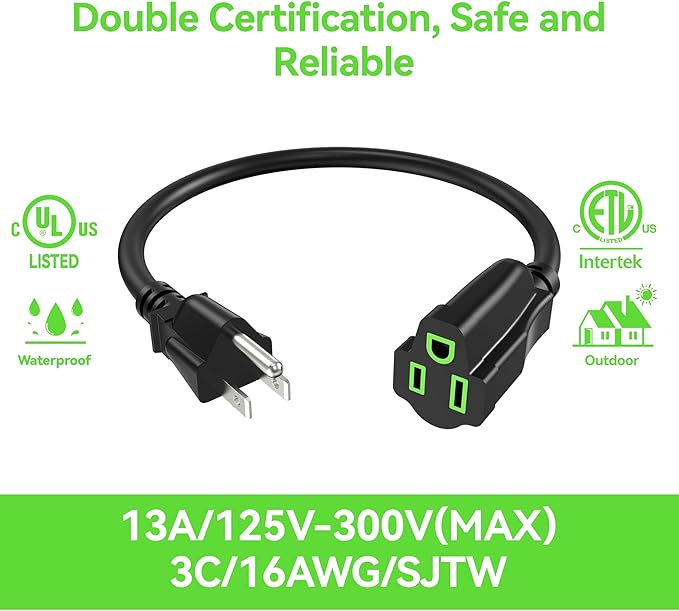 Power Extension Cord 15FT, 3 Prong Grounded Electric Extension Cable Outlet Saver, Single Outlet, Outside, Heavy Duty, Waterproof, Flexible, 16AWG, SJTW, 13A 125V, Outdoor & Indoor Power Wire (Black)