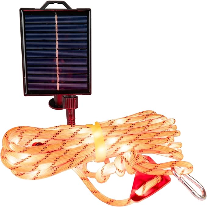 Solar Luminous Paracord Rope, 23ft Solar-Powered Orange Glow Rope with Remote, 8 Lighting Modes + Timer, 500 mAh Battery, IP66 Waterproof for Outdoor Camping