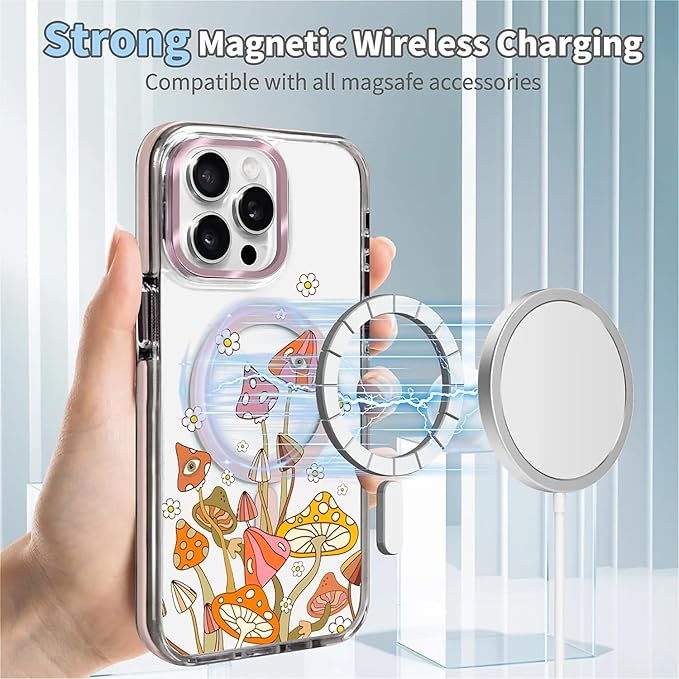 Case for iPhone 14 Pro,[Compatible with MagSafe],Retro Mushroom Sunflower Phone Case Design，for Women Girls Magnetic Clear Cover - Slim, Sleek, & Shockproof Protection