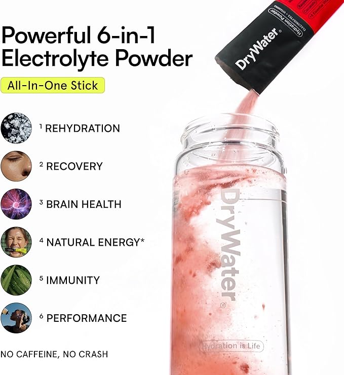 DryWater Electrolyte Powder Packets, Raspberry Lemon - Stevia-Free Hydration Packets Drink Mix with Zero Added Sugar for Rehydration & Energy - 6 Key Electrolytes, 5 Vitamins & 5 Real Fruits - 12 Pack