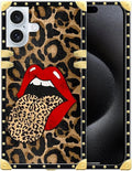 Compatible with iPhone 16 Case, Brown Leopard Print Mouth Luxury Golden Decoration for Girl Women Soft TPU Shockproof Protective Hard PC Back for iPhone 16