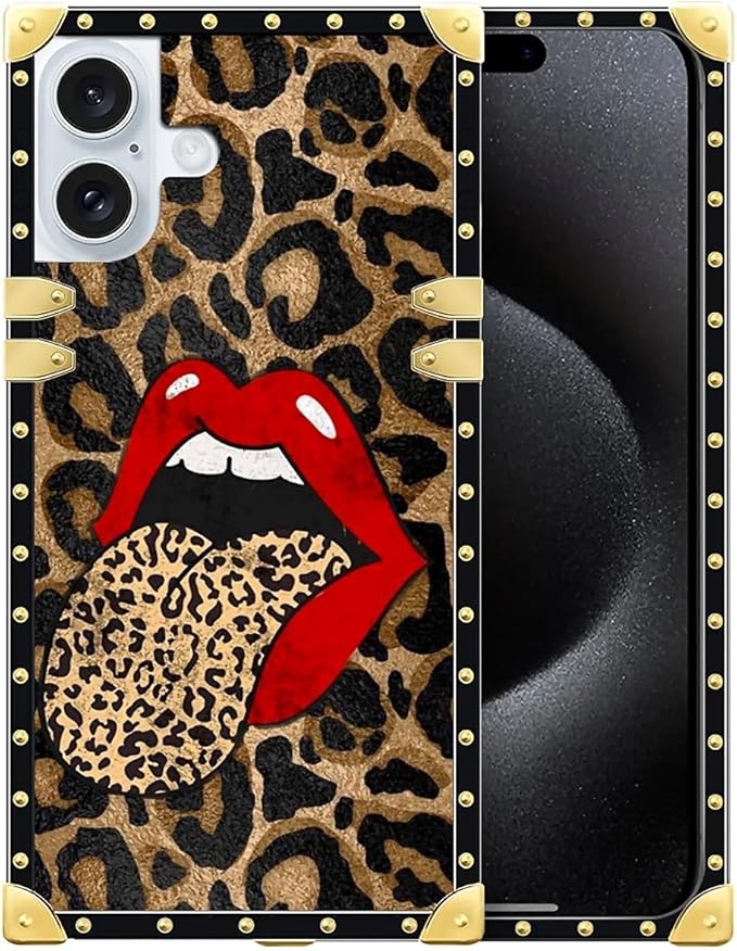 Compatible with iPhone 16 Case, Brown Leopard Print Mouth Luxury Golden Decoration for Girl Women Soft TPU Shockproof Protective Hard PC Back for iPhone 16