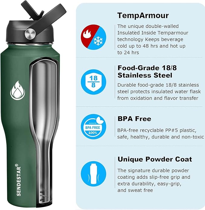 SENDESTAR Water Bottle,Wide Mouth Stainless Steel Vacuum Insulated Double Wall Keep Liquids Cold or Hot All Day,Sweat Proof Sport Design,Fit Car Cup Holder,Dark Green,32 Ounces