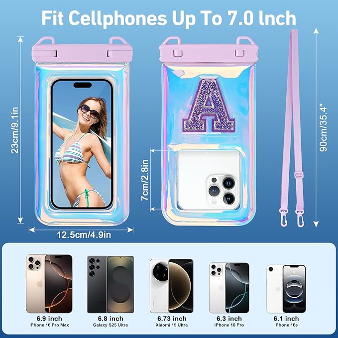 Waterproof Phone Pouch Floating, Fashion Bling Letters Cell Phone Dry Bag for iPhone 17 16 15 14 13 Pro Max, Galaxy S25 S24 S23 S22 Ultra Google, Up to 7.5 Inch, Glitter Letter A