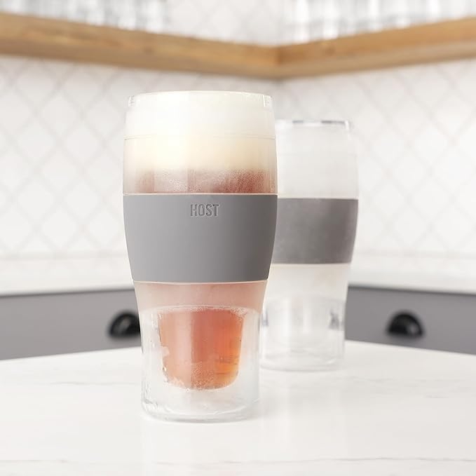 Host Freeze Beer Glasses, Freezable Beer Gifts for Men, Double Wall Insulated Pint Set, Tumbler for Cold Drinks, 16, Set of 2, Gray