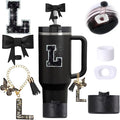 6pcs Black Stanley Cup Accessories Set, Bow Straw Topper for Stanley Cup 30oz 40oz, Including Straw Topper and Bow Silicone Boot, Stoppers Spill Proof, Handle Charm, Initials Sticker
