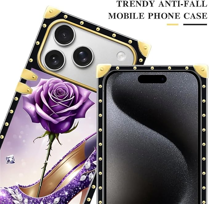for iPhone 17 Pro Case Luxury Golden Decoration for Girl Women Soft TPU Shockproof Protective Hard PC Back for iPhone 17 Pro Crazy Pattern High Heeled Purple Diamond Rose