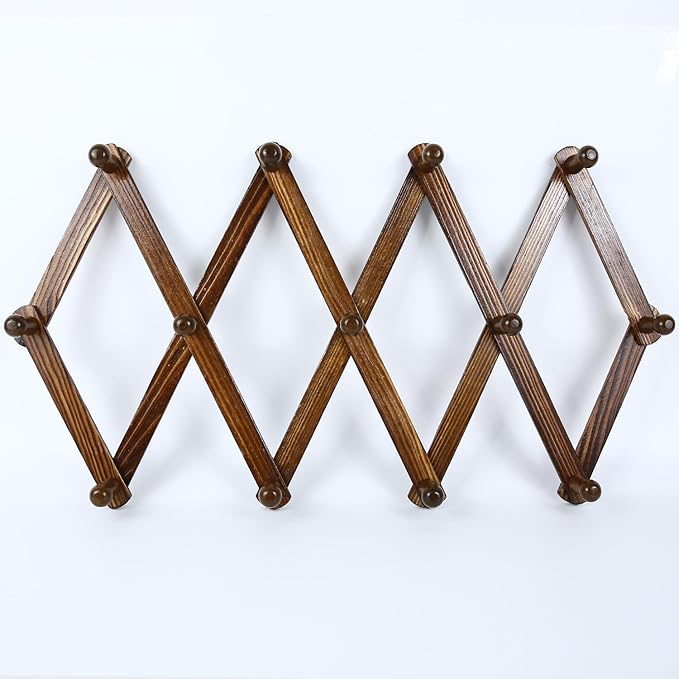 AMAPON Accordion Style Expandable Wall Wooden Coat Rack 13 Hooks (Pegs) Hang Hats Jackets Coffee Mug Purses Necklaces Towels Cap Leash Scarves Data Line Kitchenware (Walnut)