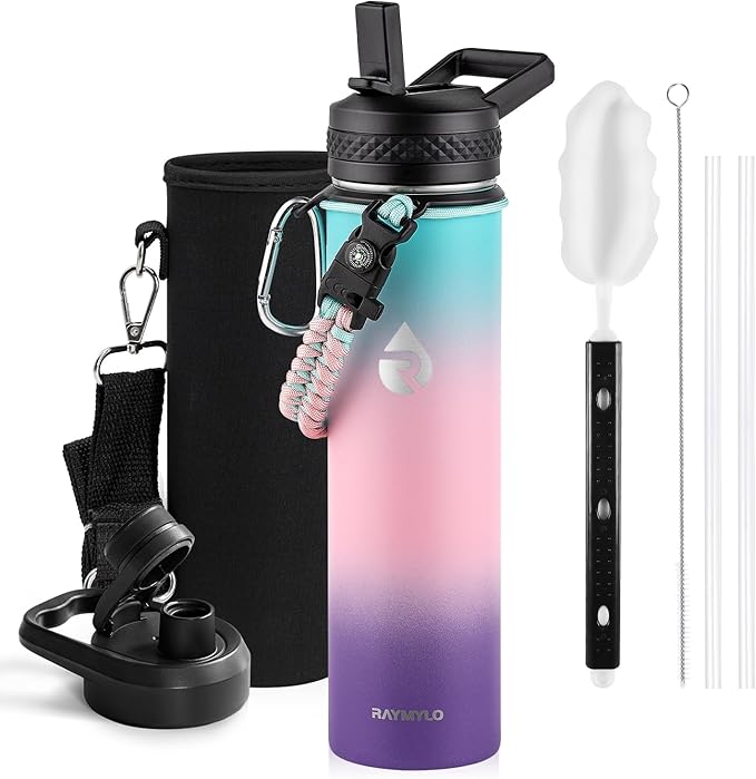 RAYMYLO Insulated Water Bottle 24oz, Triple Wall Vacuum Stainless Steel (Cold for 24Hrs, Hot for 12Hrs), Leak Proof & Non-BPA, 24oz Hydro Water Flask with Paracord Handle & Straw Spout Lids