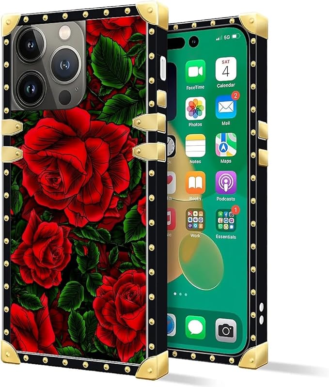Compatible with iPhone 14 Pro Case, Vector Red Rose Green Leaf Luxury Golden Decoration for Girl Women Soft TPU Shockproof Protective Hard PC Back for iPhone 14 Pro