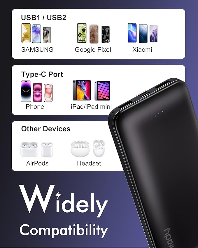 Miady 2-Pack Portable Charger, Slim 10000mAh Power Bank Travel Battery Pack 3 Outputs 2 Inputs Compatible with iPhone 17/16/15/14/13 Galaxy S24/22 iPad Android etc (Black+White)