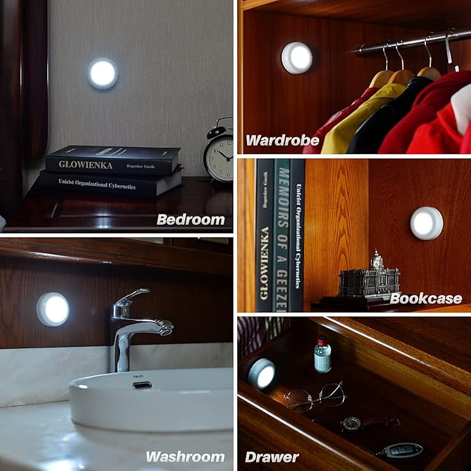 STAR-SPANGLED Push Tap Light, 2.8” Mini Night Touch LED Puck Lamp, Portable Under Cabinet Lighting AAA Battery Operated Powered, DIY Stick On Lights for Closet, Counter, Kitchen, Cool White, 5 Pack