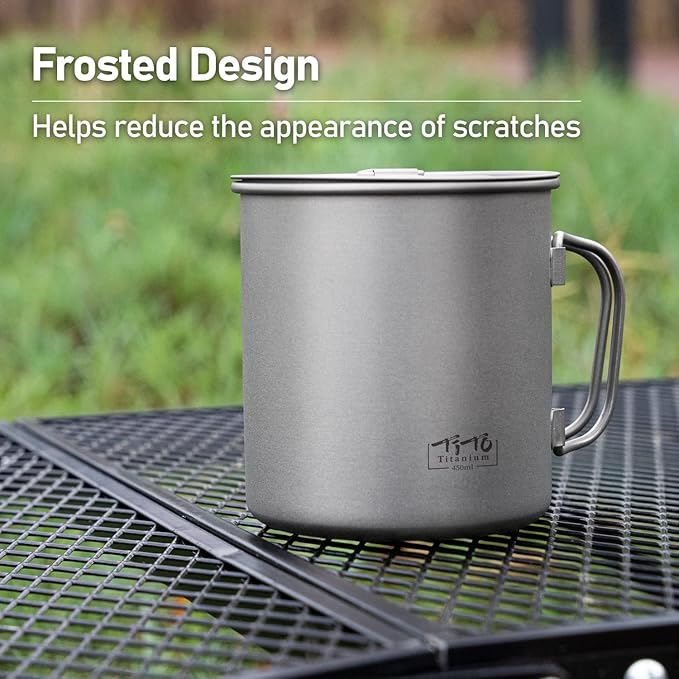 TiTo Titanium Cup Titanium Pot with Lid Ultralight Portable 450ml Foldable Handle Camping Tea Coffee Water Mug for Outdoor Backpacking Hiking Picnic Drinkware with Mesh Sack (Titanium)