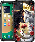 for iPhone 13 Case, Black White Wolf Moon Flower Rose Pattern Graphic Design Girl Boy Soft Silicone Hard Acrylic Shock Protection for iPhone 13