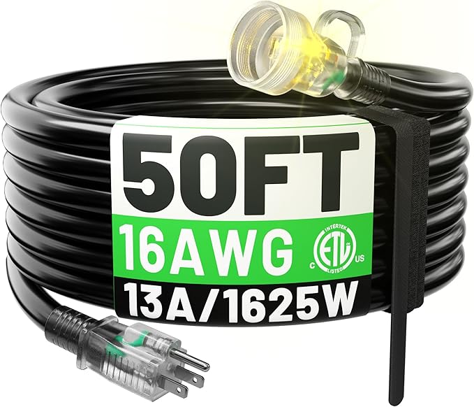 POWGRN 50FT 16 Gauge Black Outdoor Extension Cord Waterproof, 3 Prong Flexible Cold Weatherproof -58℉ Extension Cord, 13 AMP 1625W SJTW, ETL Listed