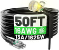 POWGRN 50FT 16 Gauge Black Outdoor Extension Cord Waterproof, 3 Prong Flexible Cold Weatherproof -58℉ Extension Cord, 13 AMP 1625W SJTW, ETL Listed
