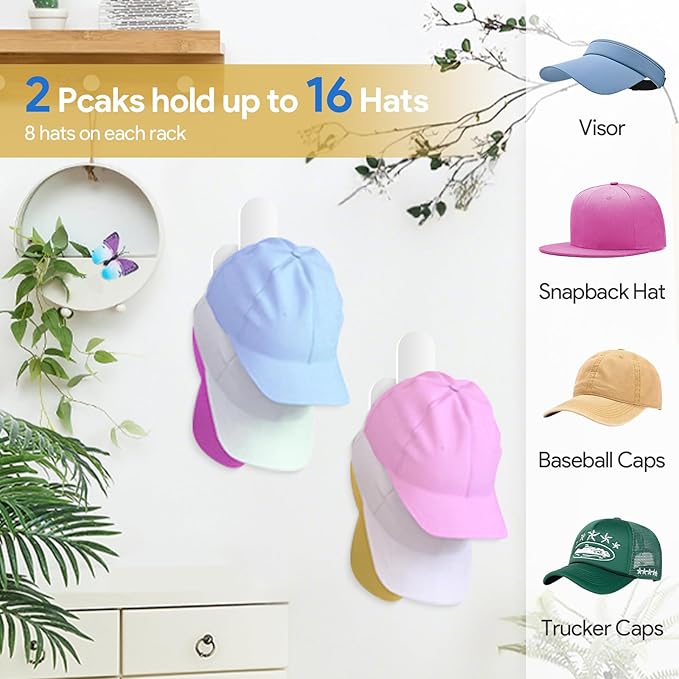 4 Pack Acrylic Hat Organizer,Hat Rack for Baseball Cap,Adhesive Hat Hooks for Wall,Sticky Clear Hat Hooks Display and Storage for Wall/Door/Closet