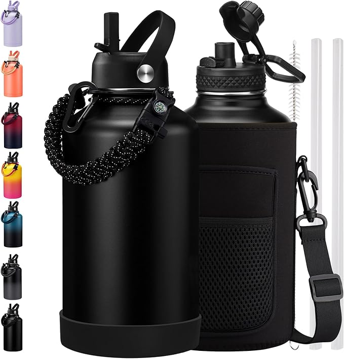 BENZZO 64 oz Water Bottle Insulated Leak Proof Travel Large 1/2 Half Gallon Water Jug Black for Christmas