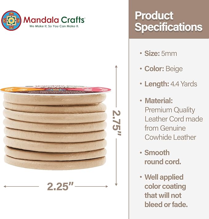 Mandala Crafts Round Genuine Beige Leather Cord for Jewelry Making – 5mm Cowhide Leather Rope String Lace for Kumihimo – 4.4 Yards Cowhide Craft Cording Spool