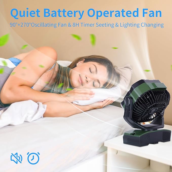 WESTTREE Camping Fan 20000mAh Rechargeable Battery Operated fan Outdoor Tent Fan with Light & Hook, knob Speeds, Personal USB Desk Fan for Camping, Power Outage Jobsite Green X68
