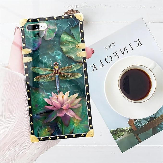 Compatible with iPhone 8 Plus 7 Plus Case, Colourful Dragonfly Pink Lily Pads Luxury Golden Decoration for Girl Women Soft TPU Shockproof Protective Hard PC Back