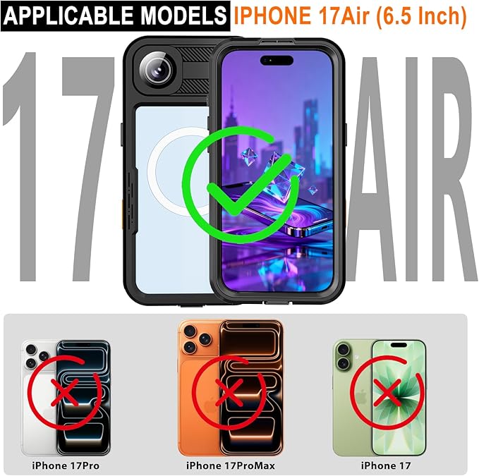 Underwater Case for iPhone 17 Air 6.5", IP68 [6.6FT Military] Waterproof Shockproof Full Body Protection, Ultra Slim MagSafe Compatible with Screen Protector for Snorkeling Swimming Outdoor Activities