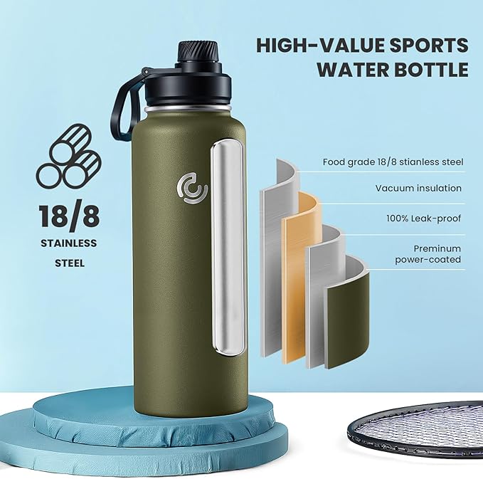 Sports Water Bottle 40oz, Insulated Water Bottle with Handle,Stainless Steel,Simple Modern,Suitable for Travel, School, Boy, Girl(Army Green)