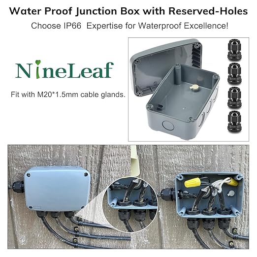 Outdoor Junction Box,Nineleaf IP66 Weatherproof Electrical Project Boxes PVC/ABS Plastic Enclosure Box Universal Watertight 4.9 x 3.3 x 2.3 inch (125x86x62mm), with 4PK 20mm Cable Gland Grey(1 Set)
