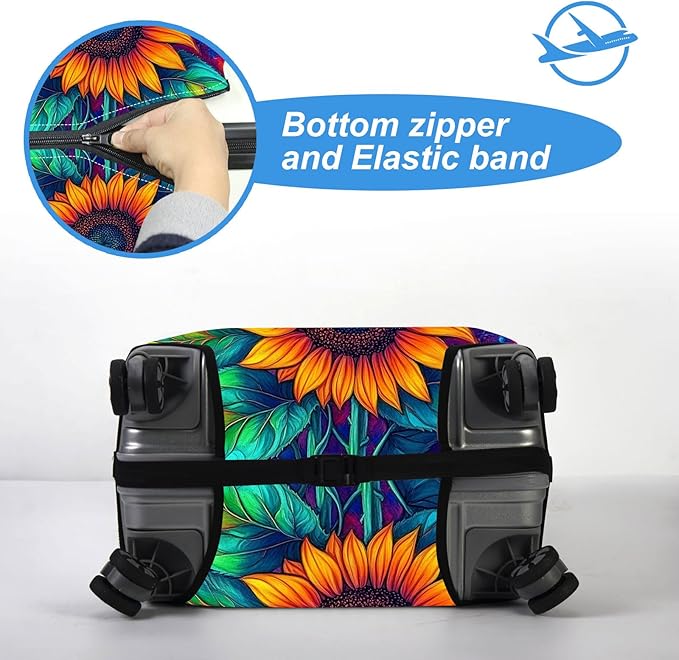 Luggage Cover Protector for 26-28 Inch Suitcases, TSA Approved Elastic Travel Suitcase Covers, Anti-Scratch Washable Luggage Sleeve for Carry On & Checked Bags, Three Sunflowers